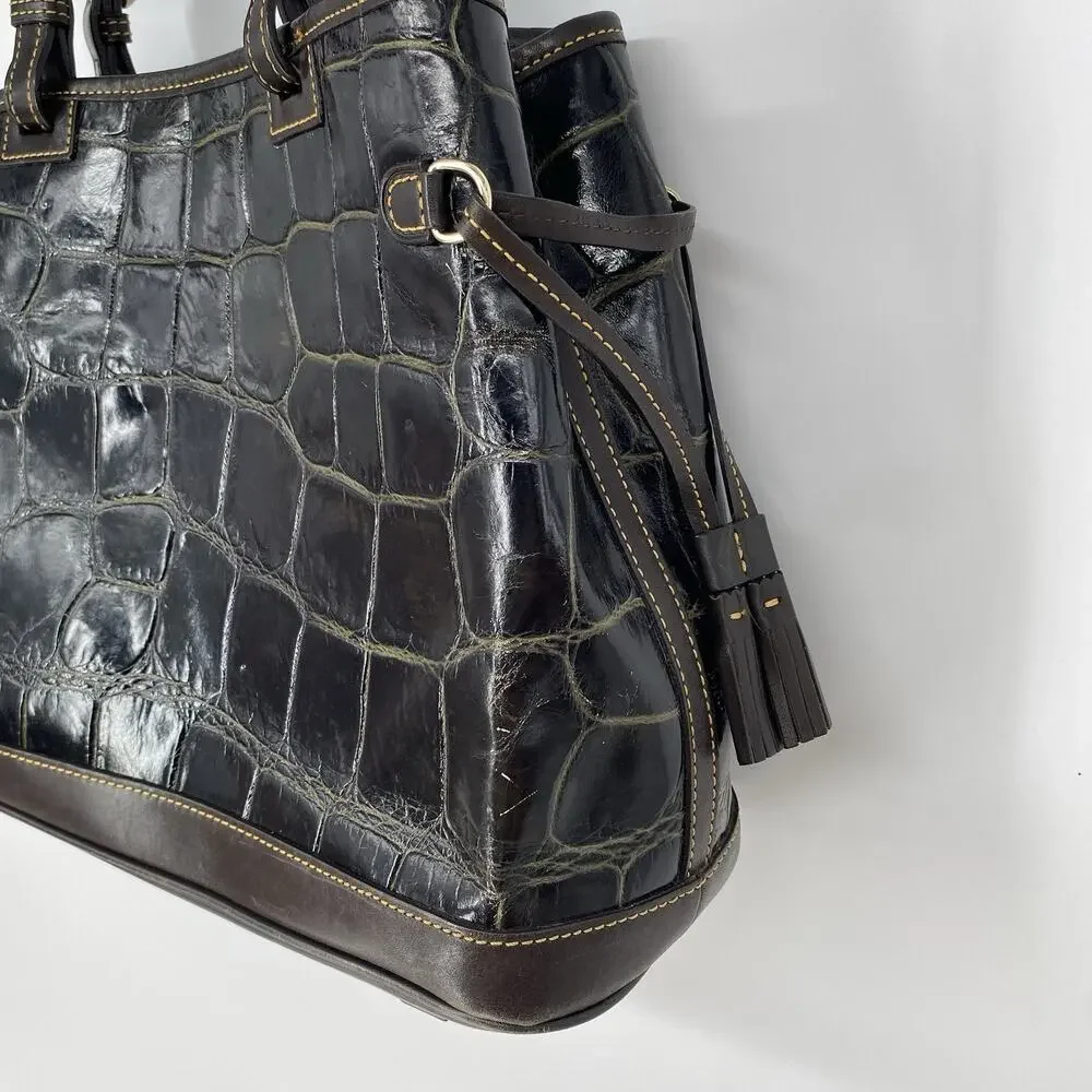 Dooney & Bourke Croco Embossed Leather Tassel Shoulder Tote Bag Brown
